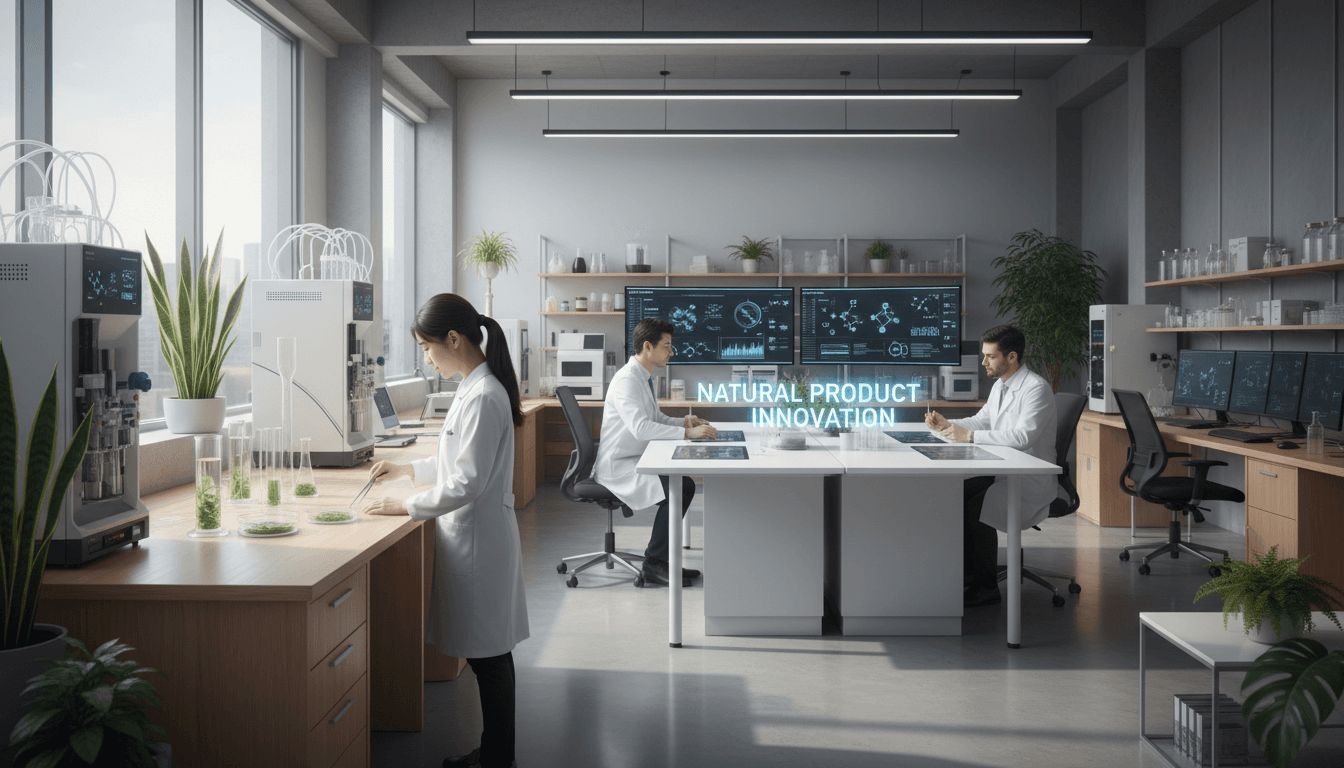Científico en laboratorio analizando ingredientes fitofarmacéuticos en ambiente profesional