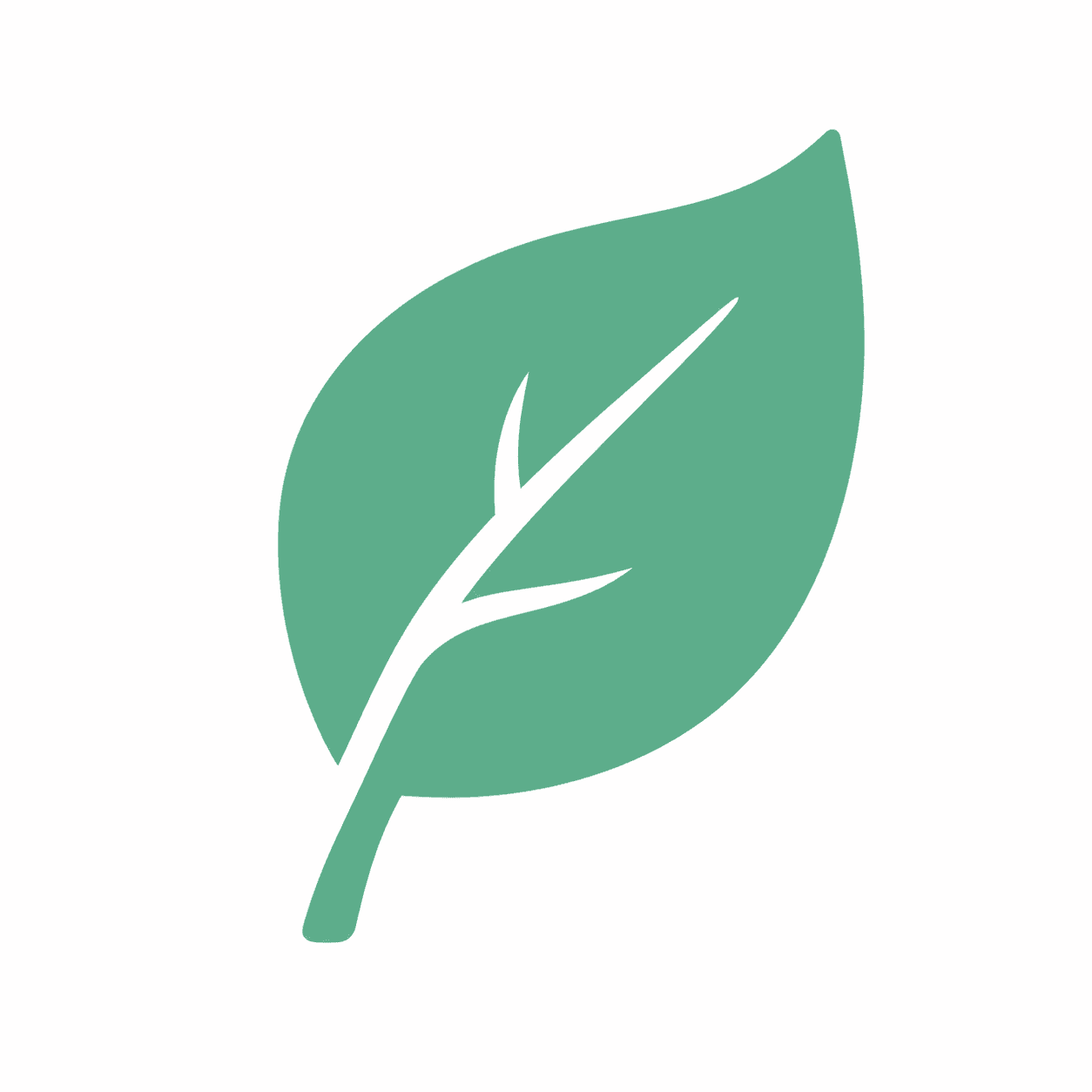 Icono minimalista de una hoja verde con nervaduras blancas sobre un fondo blanco liso.