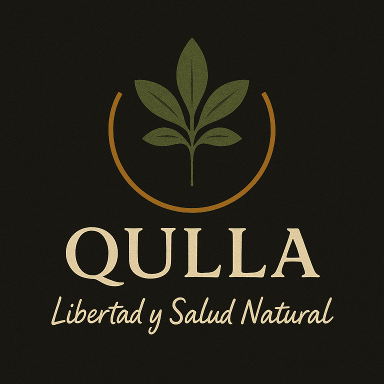Logo de Qulla con planta verde, arco dorado y texto Libertad y Salud Natural.