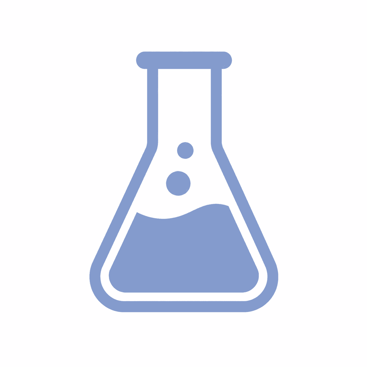 Icono minimalista azul de un matraz Erlenmeyer con líquido y burbujas sobre fondo blanco.